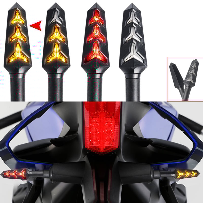LED divkrāsu pagrieziena signāls motociklam ar Y formas dizainu un zivju kaula motīvu; Modelis: Two-color Lamborghini turn light; Spriegums: 12V; Jauda: 3W; Materiāls: ABS+LED; Darbības ilgums: 10000h