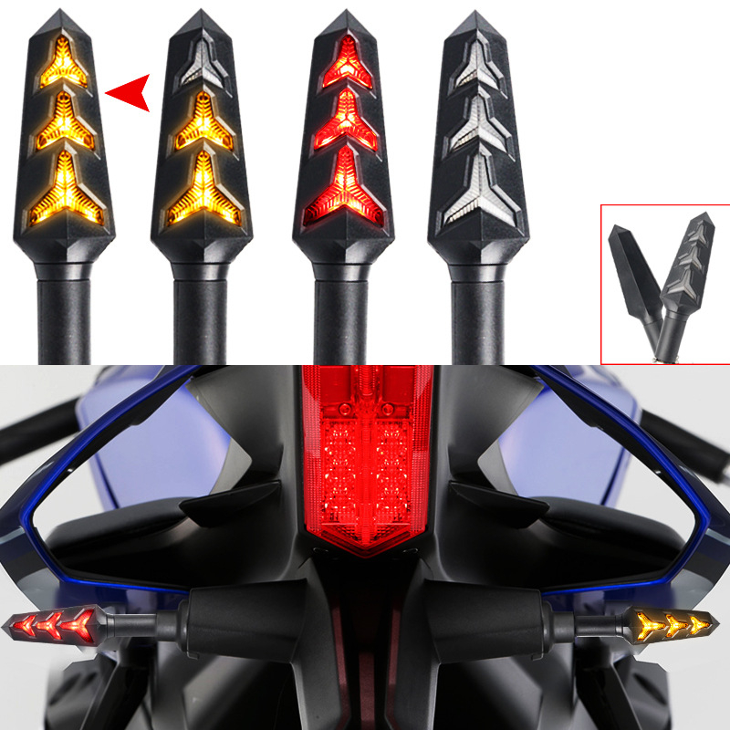 LED divkrāsu pagrieziena signāls motociklam ar Y formas dizainu un zivju kaula motīvu; Modelis: Two-color Lamborghini turn light; Spriegums: 12V; Jauda: 3W; Materiāls: ABS+LED; Darbības ilgums: 10000h