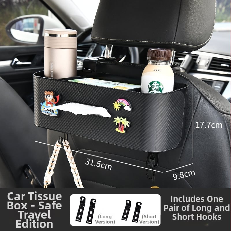 Automobilio servetėlių dėžutė — daugiafunkcinis galinės sėdynės organizatorius su puodelio laikikliu ir kabliuku; plastikas, vidutinio dydžio modelis, tinkamas plokščioms servetėlėms