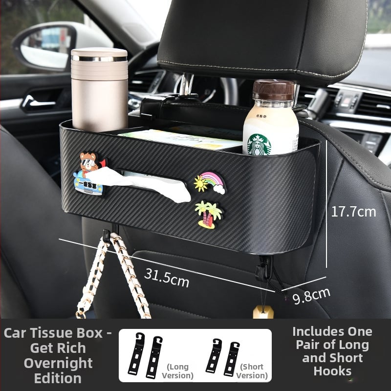 Automobilio servetėlių dėžutė — daugiafunkcinis galinės sėdynės organizatorius su puodelio laikikliu ir kabliuku; plastikas, vidutinio dydžio modelis, tinkamas plokščioms servetėlėms