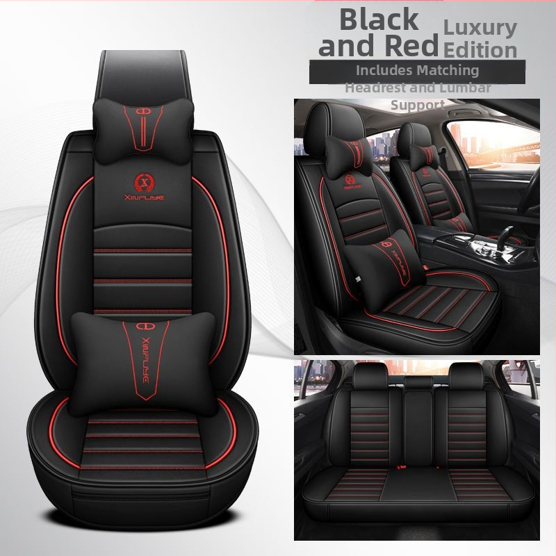 Универсален комплект калъфи за седалки за четири сезона, от микрофибърна кожа, спортен стил с обшивка, с печатно лого