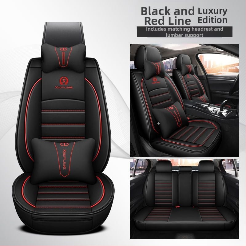 Universalus keturių sezonų automobilio sėdynių užvalkalų rinkinys iš mikropluošto odos, siuvinėtais kraštais, sportinio stiliaus, su išspausdintu logotipu