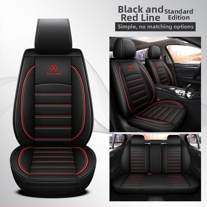 Universalus keturių sezonų automobilio sėdynių užvalkalų rinkinys iš mikropluošto odos, siuvinėtais kraštais, sportinio stiliaus, su išspausdintu logotipu