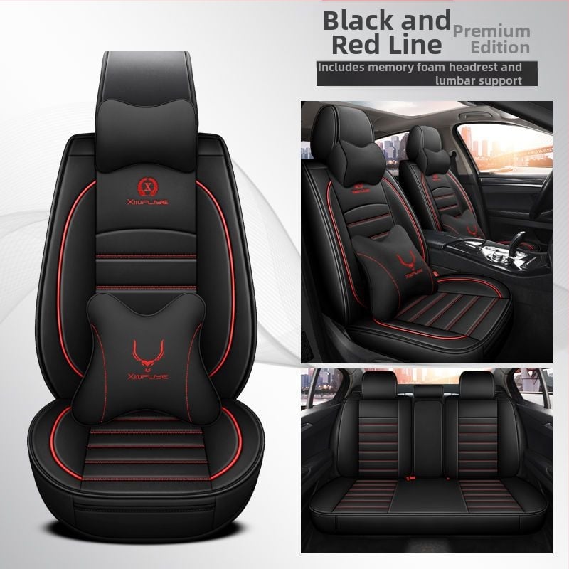 Universalus keturių sezonų automobilio sėdynių užvalkalų rinkinys iš mikropluošto odos, siuvinėtais kraštais, sportinio stiliaus, su išspausdintu logotipu