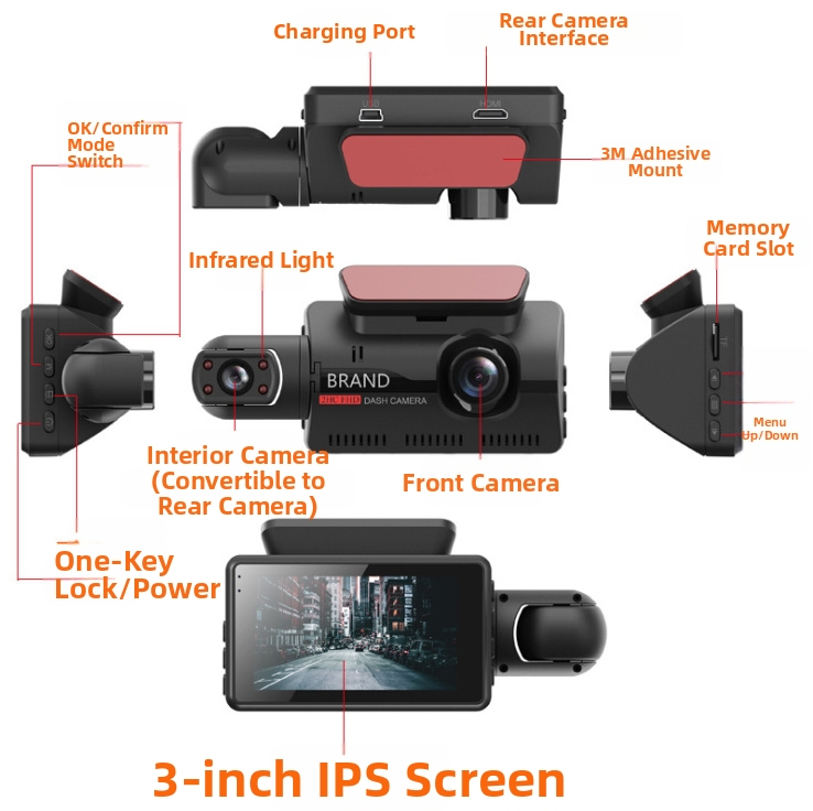 Автомобилен видеорегистратор с предна и задна тройна камера, 1080p, 140°