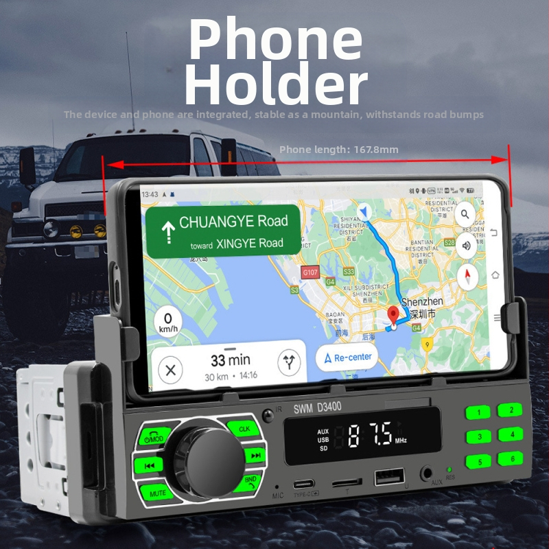 Държач за автомобилен MP3 плеър с Bluetooth, свободни ръце, FM радио, 12V захранване, ISO интерфейс – модел D3400