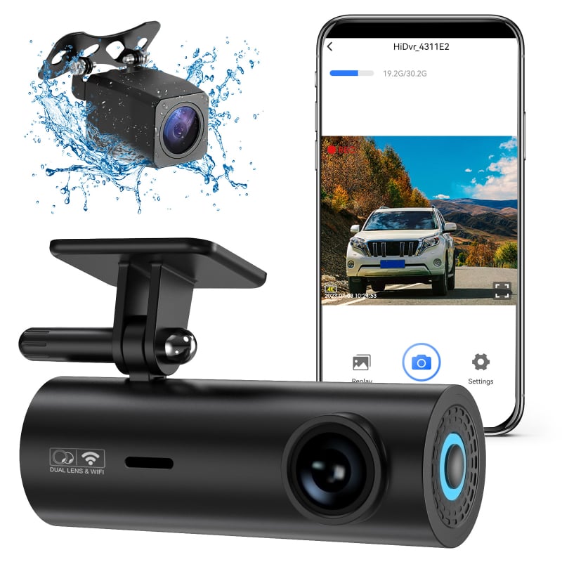 Automobilio dash camera: priekinė 4K ir galinė 1080P, Wi‑Fi, dvigubas įrašas, 150° matymo kampas