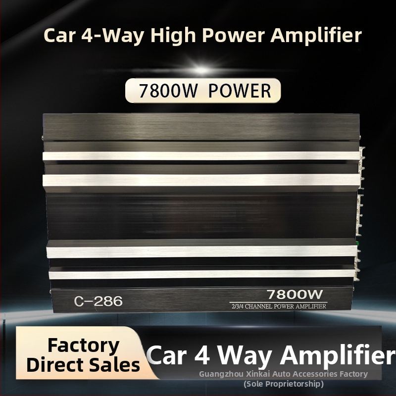 Автомобилен усилвател C-286: вход 12V, импеданс 4 Ω, максимална мощност 7800, честотен диапазон 10 Hz–3 kHz