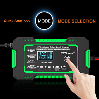 Зарядно за акумулатори за мотори, SUV и автомобили с LCD дисплей, пулсово възстановяване, 6A, вход 110–220V, изход 13.8–15.5V