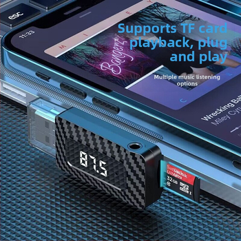 USB Bluetooth audio adapteris un uztvērējs automašīnai, Bluetooth 5.0 FM raidītājs, 87,5–108 MHz, darbības diapazons 10 m, barošanas avots 5V