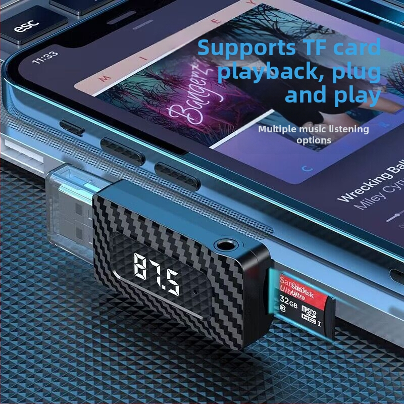 USB Bluetooth audio adapteris un uztvērējs automašīnai, Bluetooth 5.0 FM raidītājs, 87,5–108 MHz, darbības diapazons 10 m, barošanas avots 5V