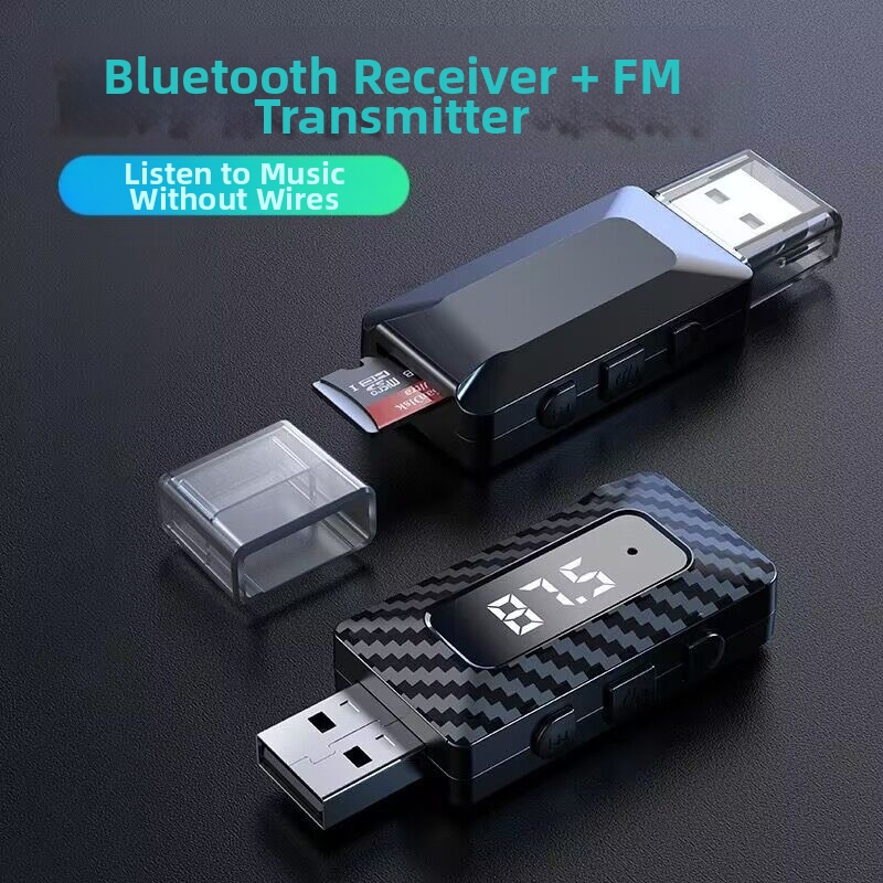 USB Bluetooth audio adapteris un uztvērējs automašīnai, Bluetooth 5.0 FM raidītājs, 87,5–108 MHz, darbības diapazons 10 m, barošanas avots 5V