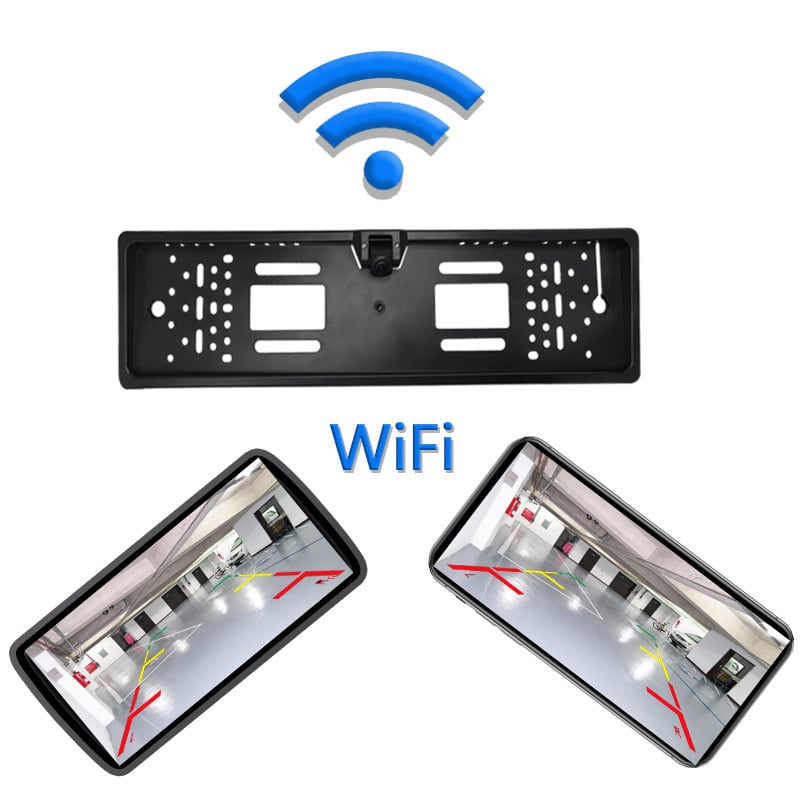 Automobilio galinio vaizdo kamera su registracijos numerio rėmeliu, belaidė Wi‑Fi, modelis EWC-160, 12V, 1280x720, reguliuojamas kampas, H.264