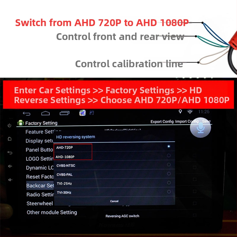 Реверсивна камера за задно виждане: 2K рибешко око, широкоъгълна; AHD, 1080x720 резолюция, 12V, IP68