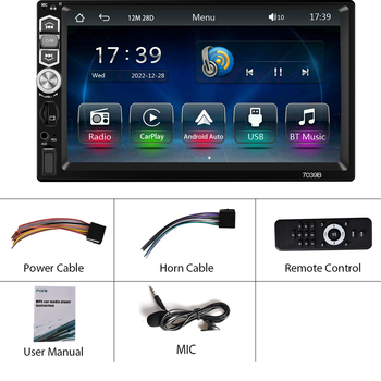 MP5 auto multimediju atskaņotājs ar bezvadu CarPlay/Auto funkciju un mikrofonu; barošanas spriegums 12–24V DC; atbalstītie video formāti MKV/AVI/TS/TP/MP4/M4V; 1 gada garantija