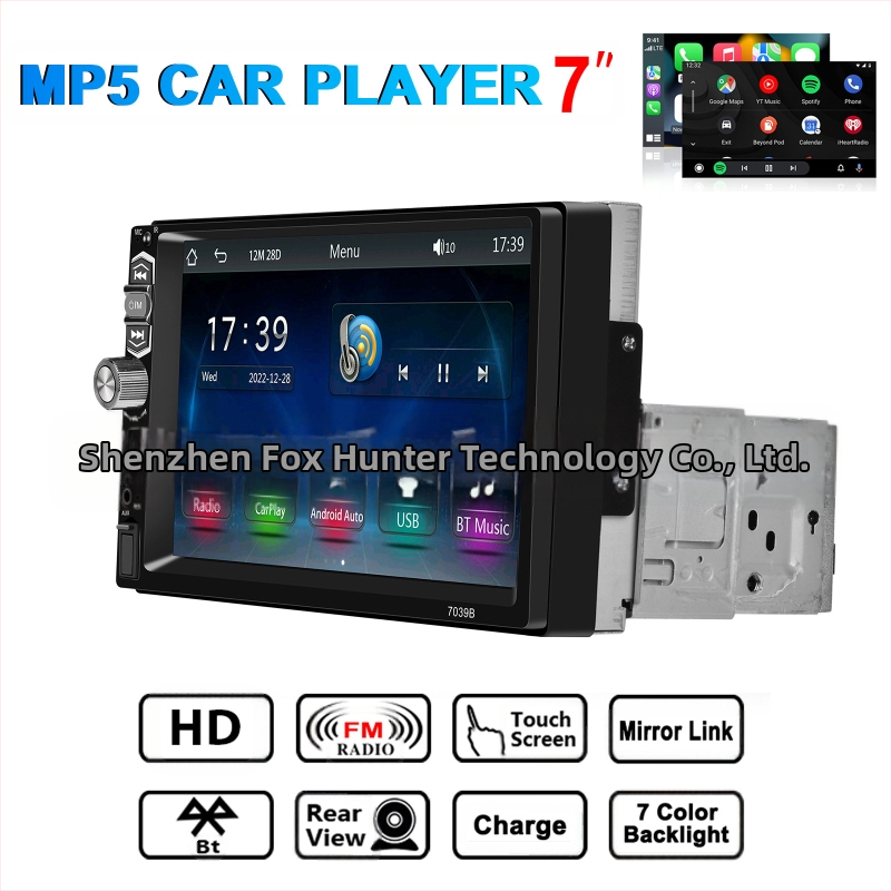 MP5 auto multimediju atskaņotājs ar bezvadu CarPlay/Auto funkciju un mikrofonu; barošanas spriegums 12–24V DC; atbalstītie video formāti MKV/AVI/TS/TP/MP4/M4V; 1 gada garantija