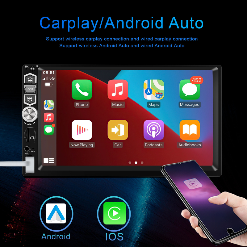 MP5 auto multimediju atskaņotājs ar bezvadu CarPlay/Auto funkciju un mikrofonu; barošanas spriegums 12–24V DC; atbalstītie video formāti MKV/AVI/TS/TP/MP4/M4V; 1 gada garantija