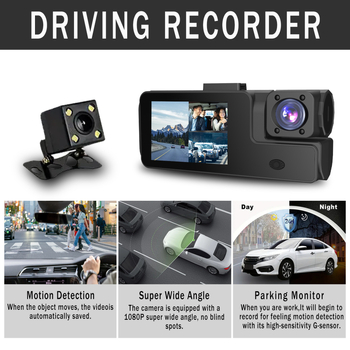Dash cam με τρεις κάμερες, ευρυγώνιο 1080p, εγγραφή εμπρός και πίσω, υποστήριξη SD κάρτας, λειτουργία με κουμπί