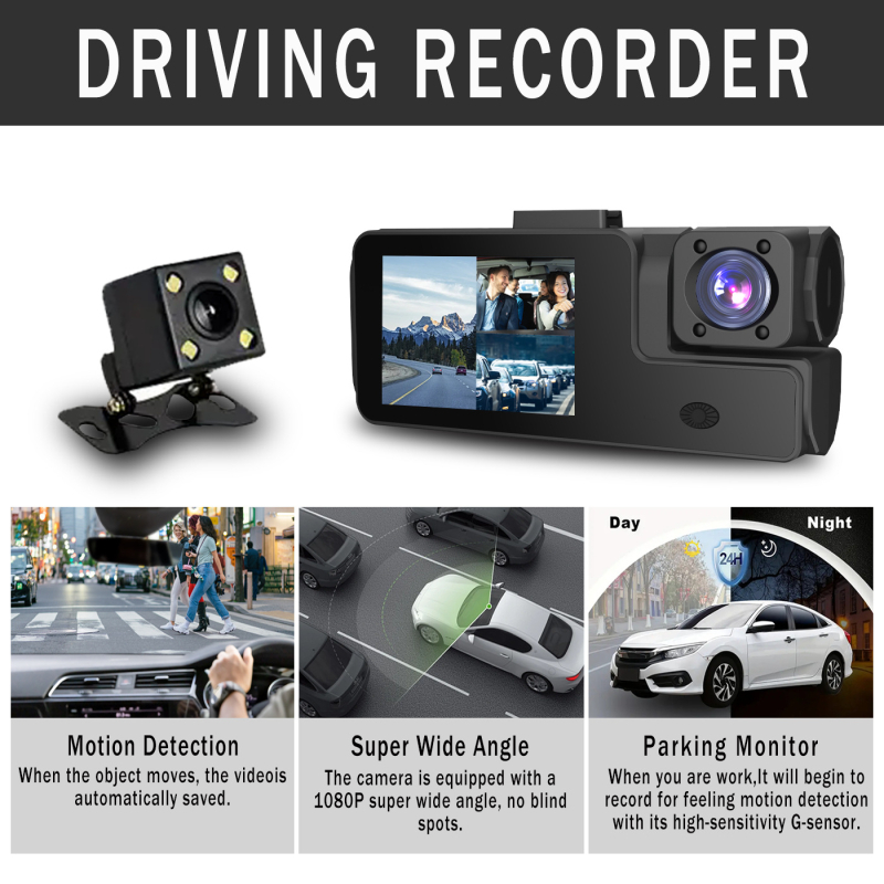 Dash cam με τρεις κάμερες, ευρυγώνιο 1080p, εγγραφή εμπρός και πίσω, υποστήριξη SD κάρτας, λειτουργία με κουμπί