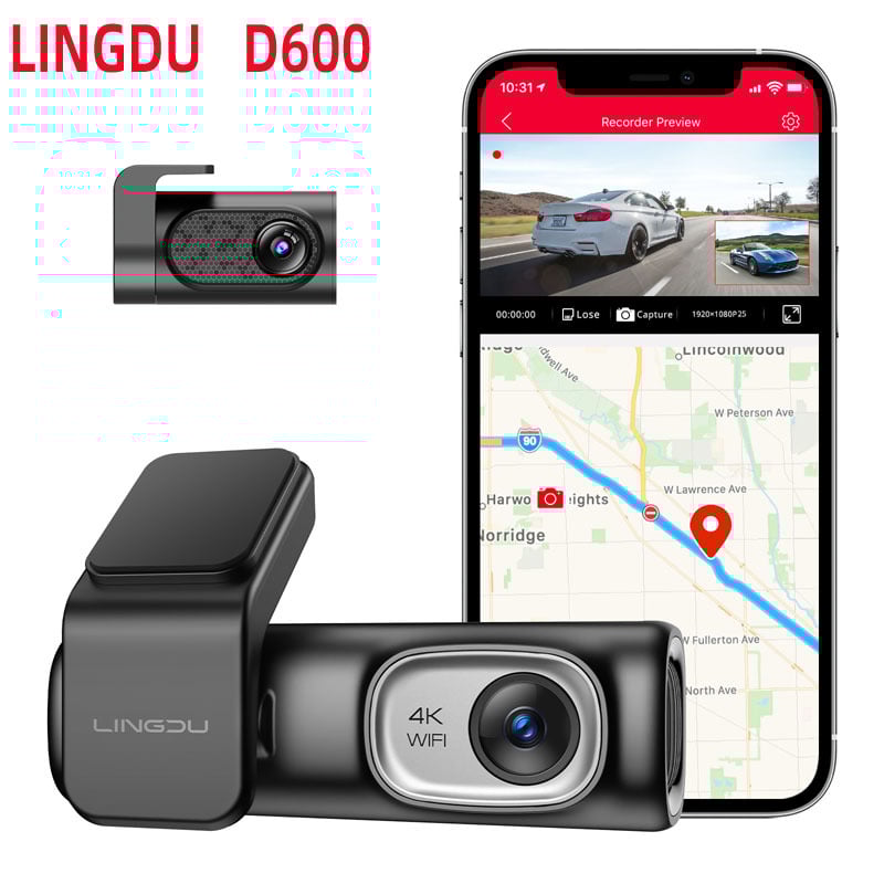 Priekinė ir galinė dviejų objektyvų automobilių vaizdo registratorius, 2160P, 150° platus kampas, naktinis matymas, Wi‑Fi