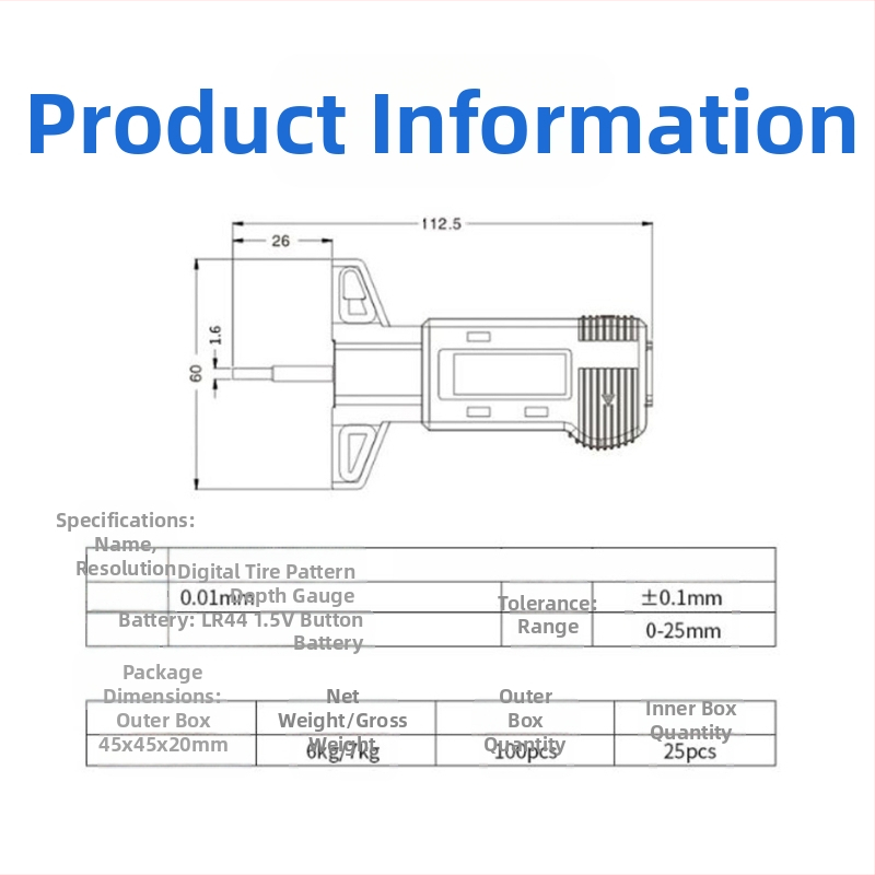 Wodilang цифров дълбочиномер за протектора на гумата, 0-25 мм, цифров дисплей