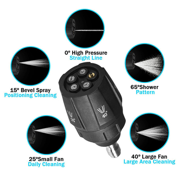 Augstas spiediena mazgāšanas pistoles galva, 5‑in‑1 uzgalis, 1/4″ ātrās pieslēgvienas, misiņa galva, spiediens 4000 psi, izsmidzināšanas diapazons 3–10 m, svars 131 g