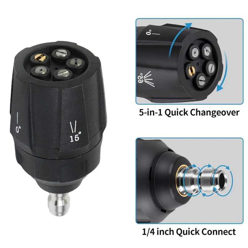 Augstas spiediena mazgāšanas pistoles galva, 5‑in‑1 uzgalis, 1/4″ ātrās pieslēgvienas, misiņa galva, spiediens 4000 psi, izsmidzināšanas diapazons 3–10 m, svars 131 g