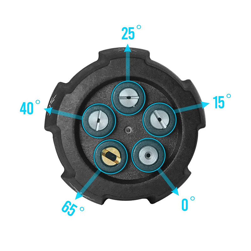 Augstas spiediena mazgāšanas pistoles galva, 5‑in‑1 uzgalis, 1/4″ ātrās pieslēgvienas, misiņa galva, spiediens 4000 psi, izsmidzināšanas diapazons 3–10 m, svars 131 g