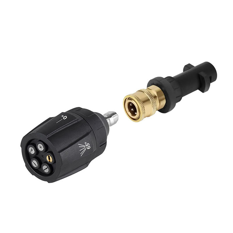 Augstas spiediena mazgāšanas pistoles galva, 5‑in‑1 uzgalis, 1/4″ ātrās pieslēgvienas, misiņa galva, spiediens 4000 psi, izsmidzināšanas diapazons 3–10 m, svars 131 g