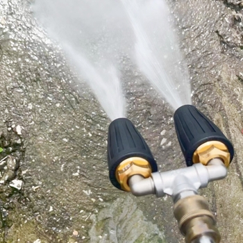 Augstas spiedes auto mazgāšanas pistole ar divām šļaujām un 360° rotējošu galvu; keramiskā sprausla ar sirdi; korpuss no alumīnija un nerūsējošā tērauda; nerūsējošā tērauda savienojums