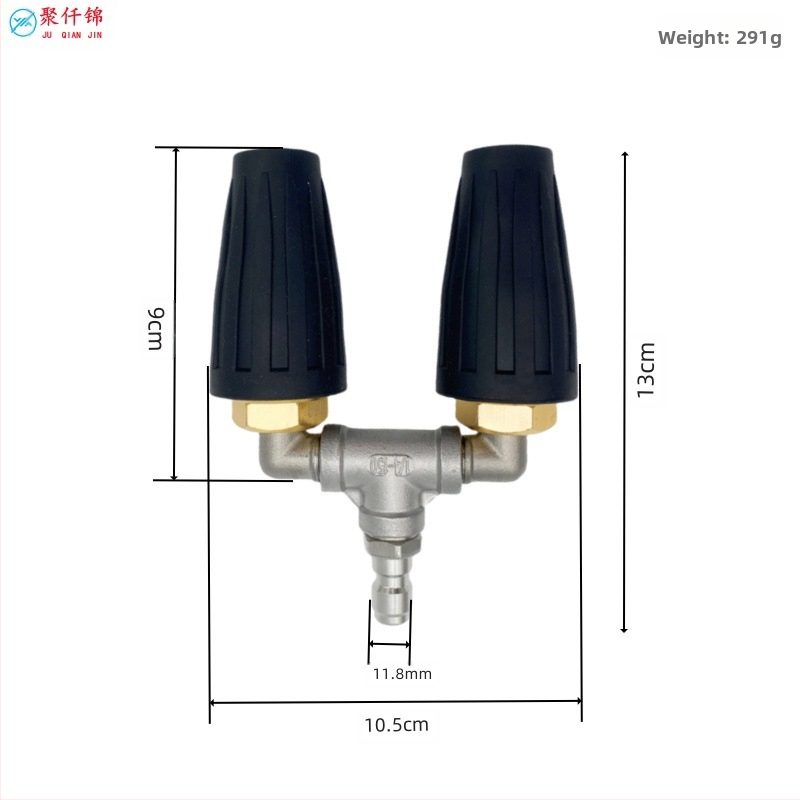 Високонапорна водоструйка за автомобили с двойна дюза и 360° въртяща се глава; дюза с керамично ядро; корпус от алуминий и неръждаема стомана; интерфейс от неръждаема стомана