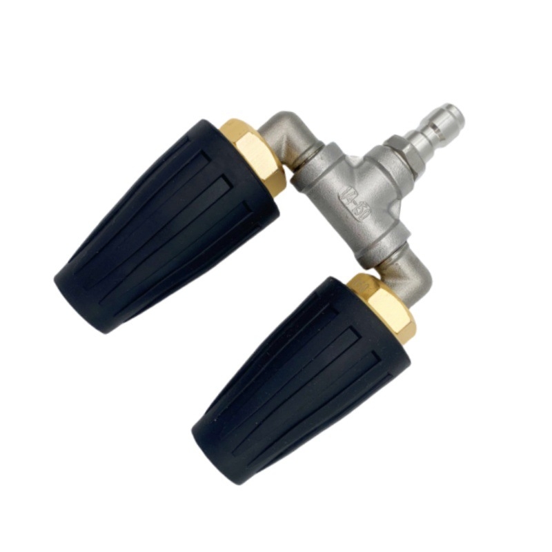 Augstas spiedes auto mazgāšanas pistole ar divām šļaujām un 360° rotējošu galvu; keramiskā sprausla ar sirdi; korpuss no alumīnija un nerūsējošā tērauda; nerūsējošā tērauda savienojums