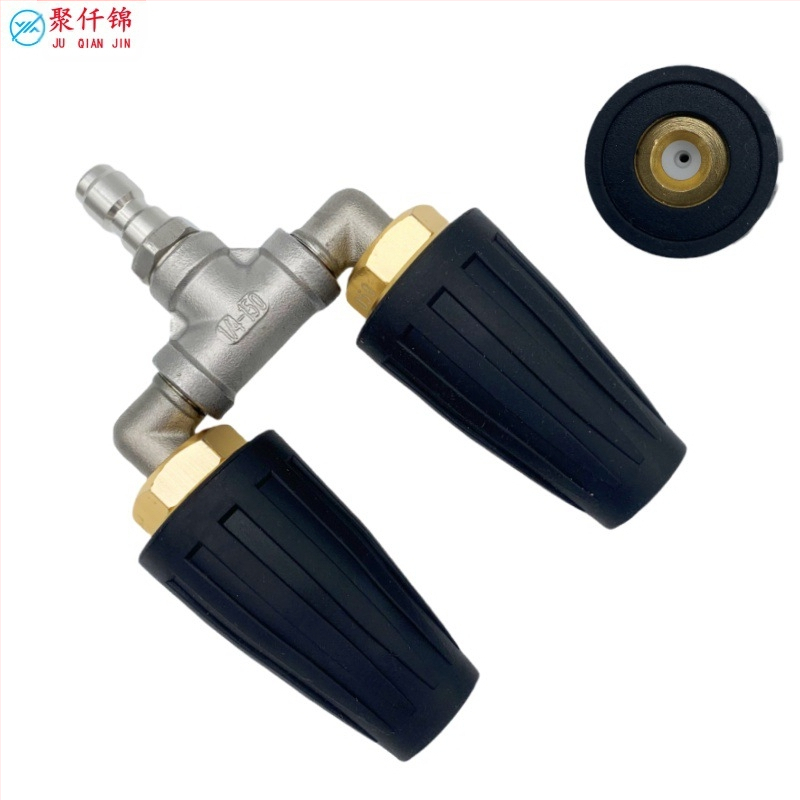 Augstas spiedes auto mazgāšanas pistole ar divām šļaujām un 360° rotējošu galvu; keramiskā sprausla ar sirdi; korpuss no alumīnija un nerūsējošā tērauda; nerūsējošā tērauda savienojums