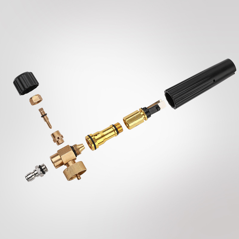 Putu pistole automašīnu mazgāšanai ar regulējamu ventilatora uzgali; vara galvas uzgalis; inženierplastmasas rokturis; izsmidzināšanas attālums 5; augsta spiediena tīrīšana un putu dezinfekcija