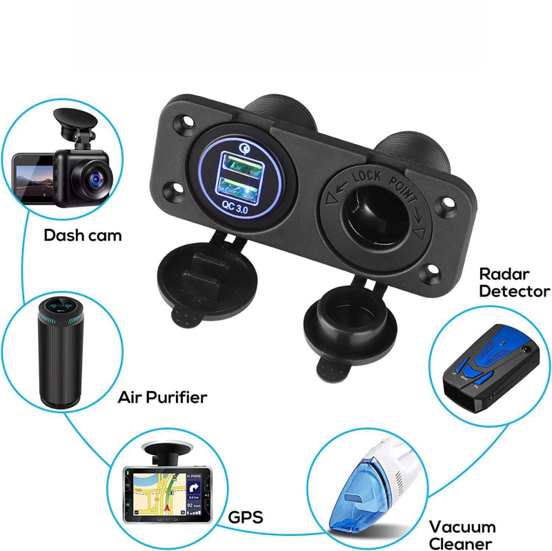 Încărcător USB auto QC3.0 cu încărcare rapidă Qualcomm, comutator brichetă, 12-24V, 2 porturi
