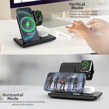 Belaidinė įkrovimo stalo laikiklis telefonui, sulankstomas, trys viename, magnetinis įkrovimas, greitas įkrovimas 15W