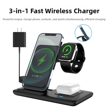 Belaidinė įkrovimo stalo laikiklis telefonui, sulankstomas, trys viename, magnetinis įkrovimas, greitas įkrovimas 15W