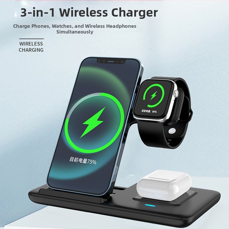 Belaidinė įkrovimo stalo laikiklis telefonui, sulankstomas, trys viename, magnetinis įkrovimas, greitas įkrovimas 15W