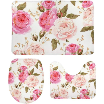 Σετ από 3 χαλιά μπάνιου φλοκινγκ: αντιολισθητικό contour χαλάκι, χαλάκι καπακιού τουαλέτας και απορροφητικό χαλάκι δαπέδου