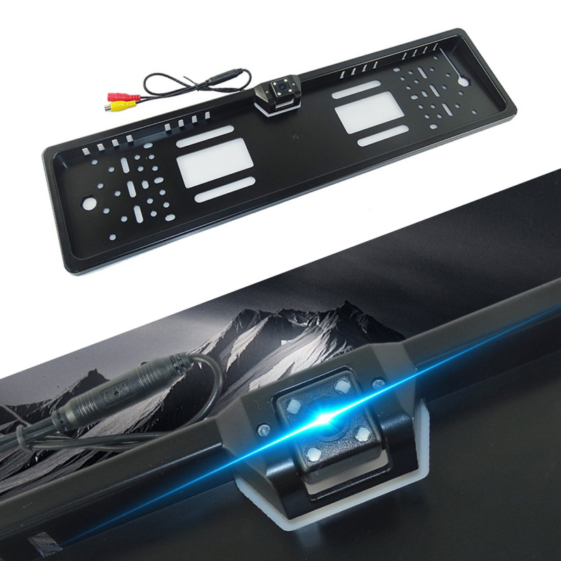 Automašīnas kamera ar Eiropas reģistrācijas numura zīmes rāmi, 4 LED gaismas, ūdensizturīga aizmugures kamera, skatiena leņķis 170°, izšķirtspēja 720x460, 12V