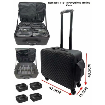 Profesionalus makiažo krepšys iš PU su deimantiniu siuvimu, užtrauktukas, universalūs ratai, didelė talpa