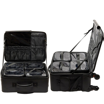 Profesionalus makiažo krepšys iš PU su deimantiniu siuvimu, užtrauktukas, universalūs ratai, didelė talpa