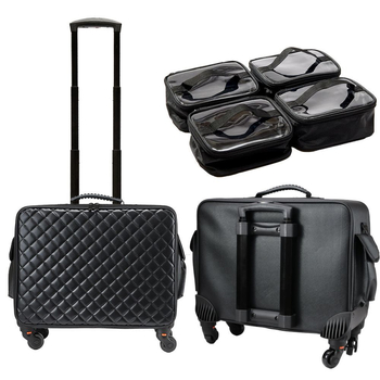 Profesionalus makiažo krepšys iš PU su deimantiniu siuvimu, užtrauktukas, universalūs ratai, didelė talpa