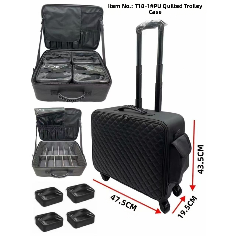 Profesionalus makiažo krepšys iš PU su deimantiniu siuvimu, užtrauktukas, universalūs ratai, didelė talpa