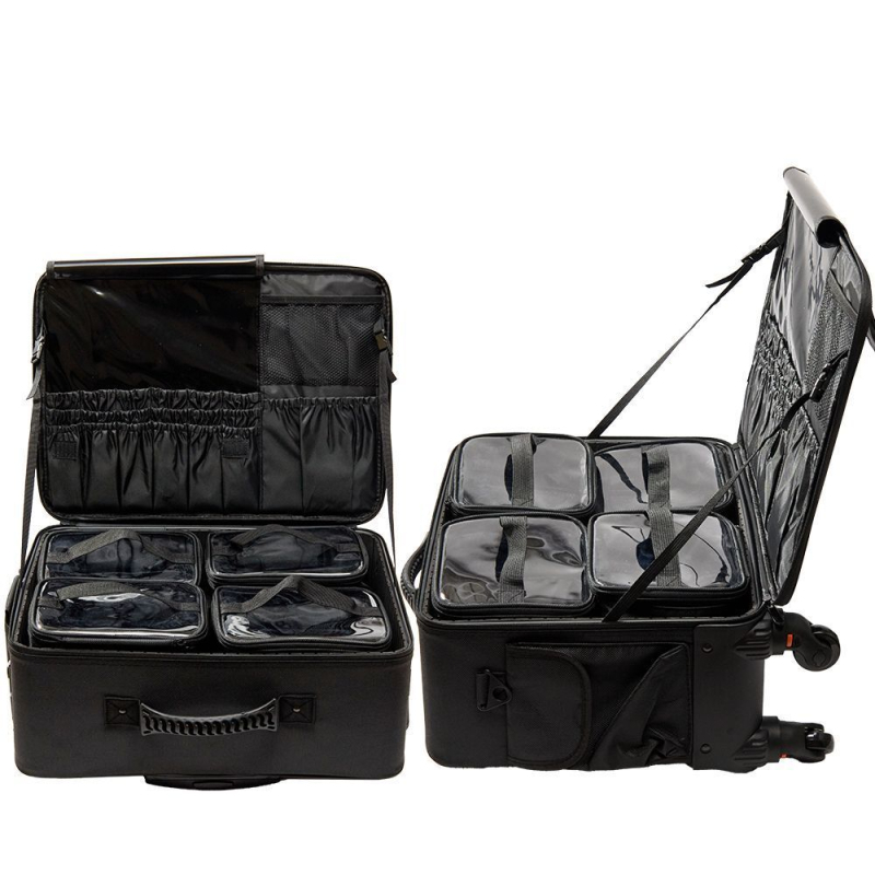 Profesionalus makiažo krepšys iš PU su deimantiniu siuvimu, užtrauktukas, universalūs ratai, didelė talpa