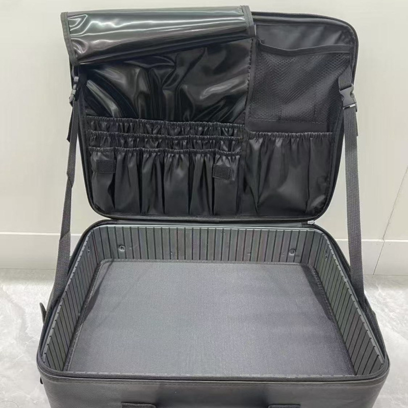 Profesionalus makiažo krepšys iš PU su deimantiniu siuvimu, užtrauktukas, universalūs ratai, didelė talpa