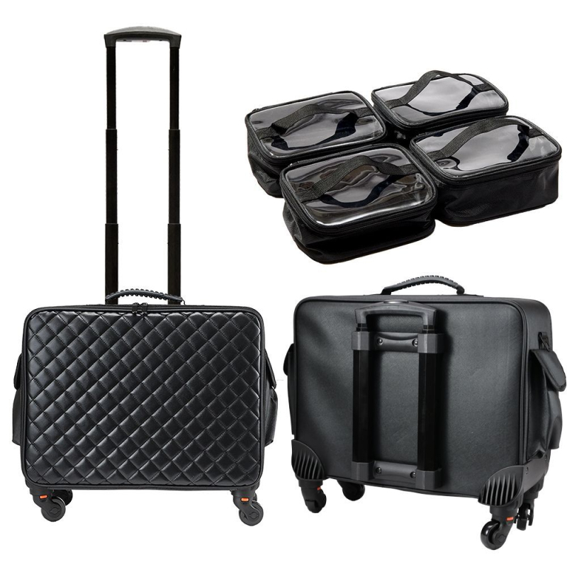 Profesionalus makiažo krepšys iš PU su deimantiniu siuvimu, užtrauktukas, universalūs ratai, didelė talpa