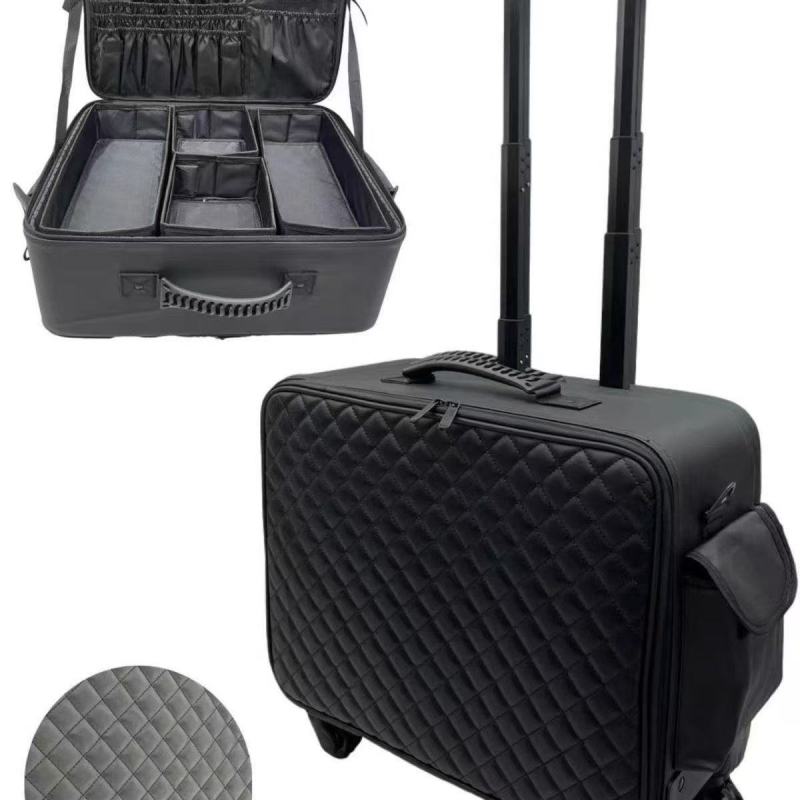 Profesionalus makiažo krepšys iš PU su deimantiniu siuvimu, užtrauktukas, universalūs ratai, didelė talpa