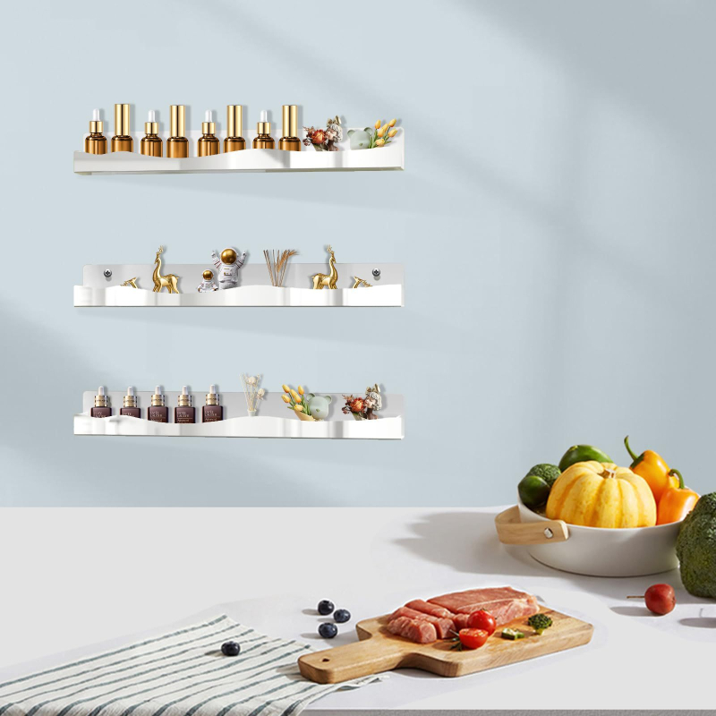 Raft acrilic montat pe perete – unic etaj, multifuncțional, rezistent la umiditate; pentru machiaj, lac de unghii, ochelari și uleiuri esențiale