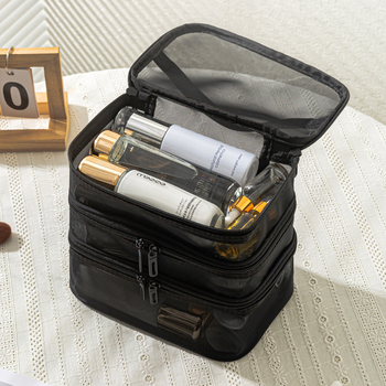 Мрежеста козметична чанта с три слоя, голям капацитет, двойно отделение, преносим органайзер за пътуване, дишащ найлон